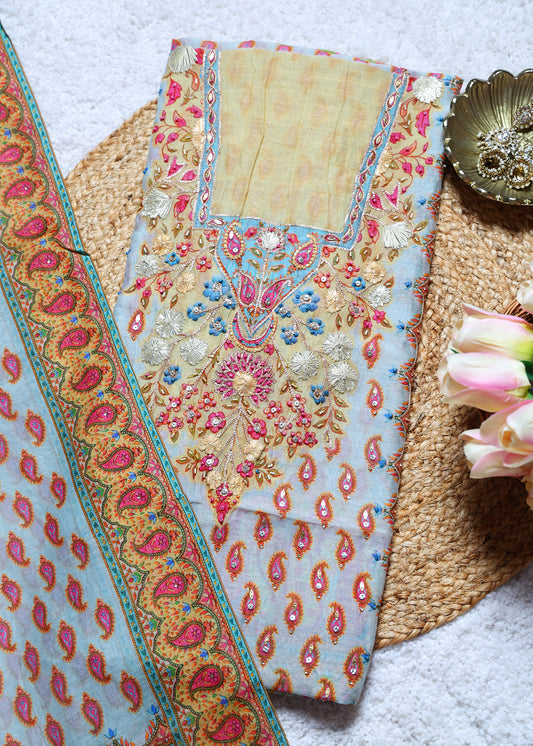 Yami Blue & Pink Paisley Unstitched Suit Set