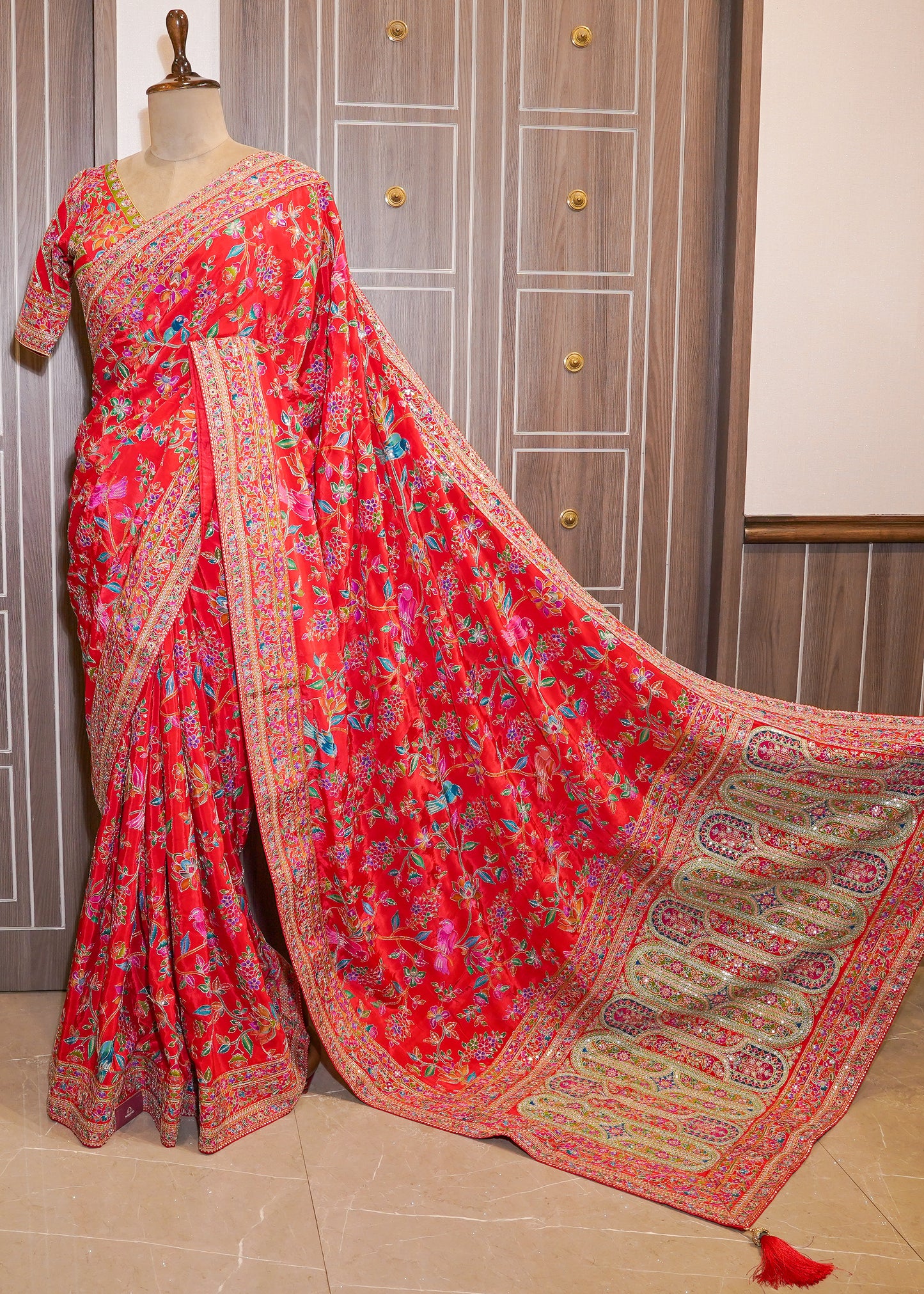 Red Printed Zari Embroidered Designer Saree with Stitched Blouse