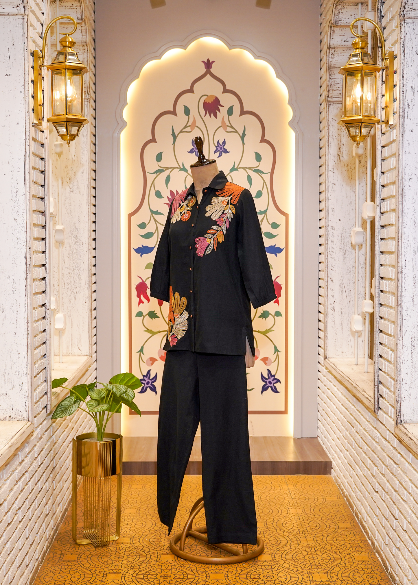 Black Cotton Co-ord Set with Floral Thread Embroidery