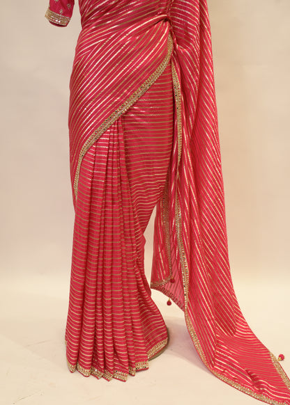 Rani Striped Zari Organza Sarees with Stitched Blouse