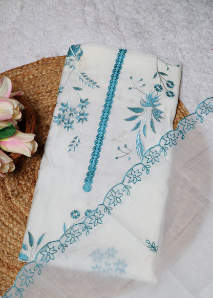 Pearl White & Blue Floral Unstitched Suit Set