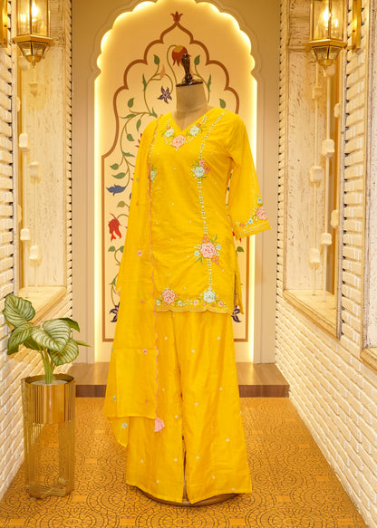 Kudi Yellow Short Kurta Stitched Suit Set