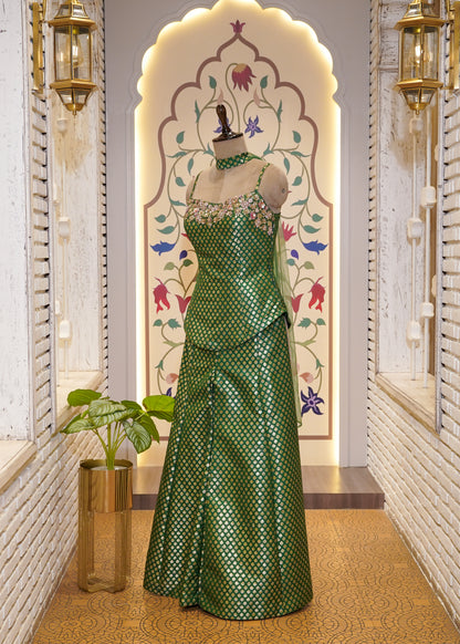 Green Brocade Silk Hand Embroidered Peplum & Plazo Set with Choker Dupatta