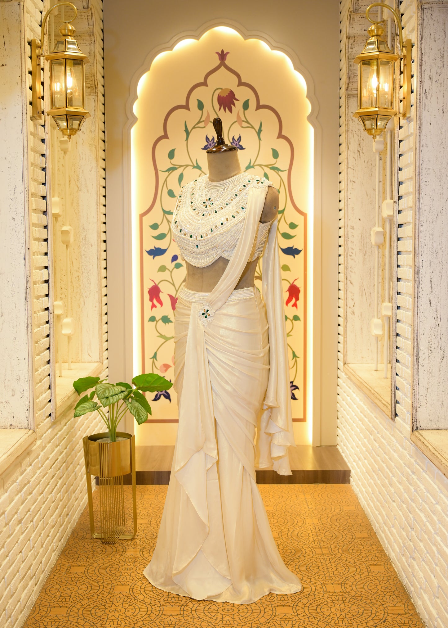 Paari White Pearl Embroidered Pre Draped Saree