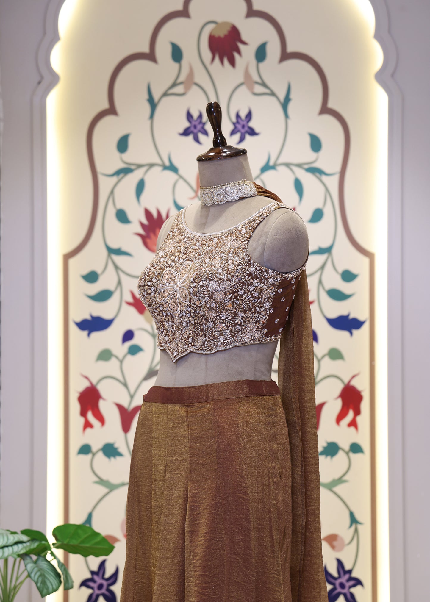 Gehna Crop Top with Palazzo Pants & Choker Dupatta Set
