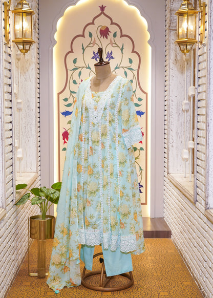 Sea Green Cotton Printed A Line 3 pc Kurti Set with Thread Embroidery
