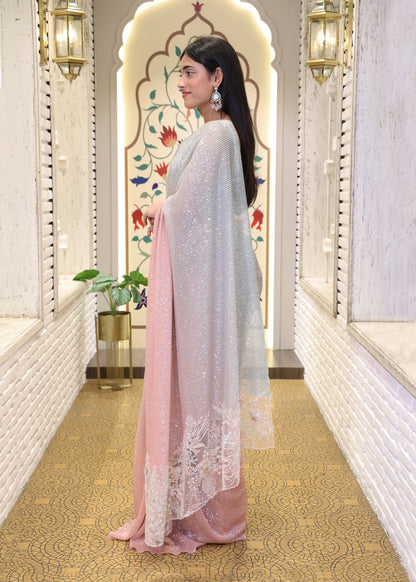 Kashish Ombre Pink & Blue Sequin Saree with Stitched Blouse