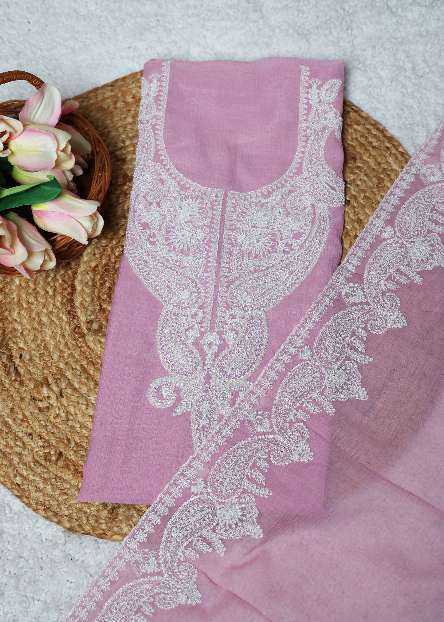 Pranika Pink & White Unstitched Suit Set