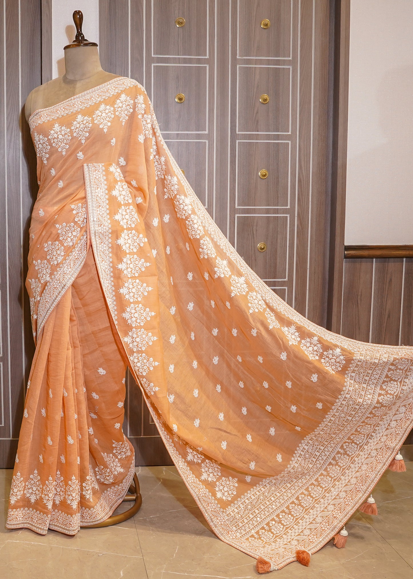 Rust Mul Cotton Thread Embroidered Saree with Unstitched Blouse