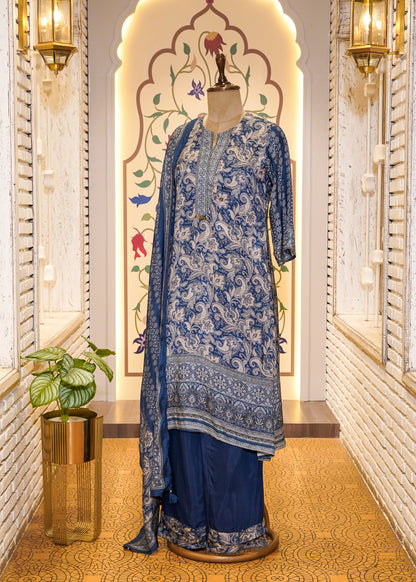 Blue Muslin Printed 3 pc Kurti set