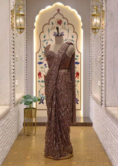Mocha Brown Cocktail Pre Draped Saree