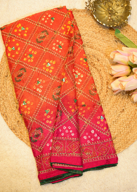 Pink & Orange Bhandhani Gajji Contrasting Saree with Unstitched Blouse