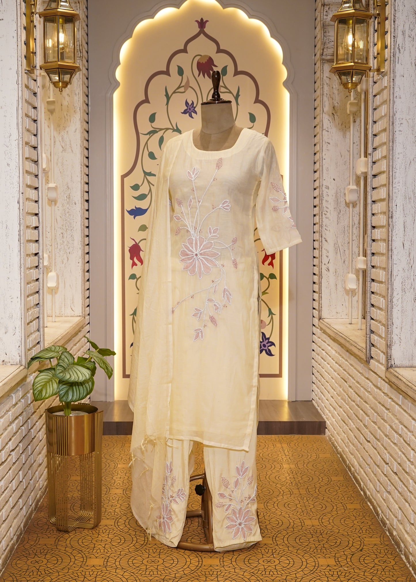 Light Yellow Cotton 3 pc Kurti Set