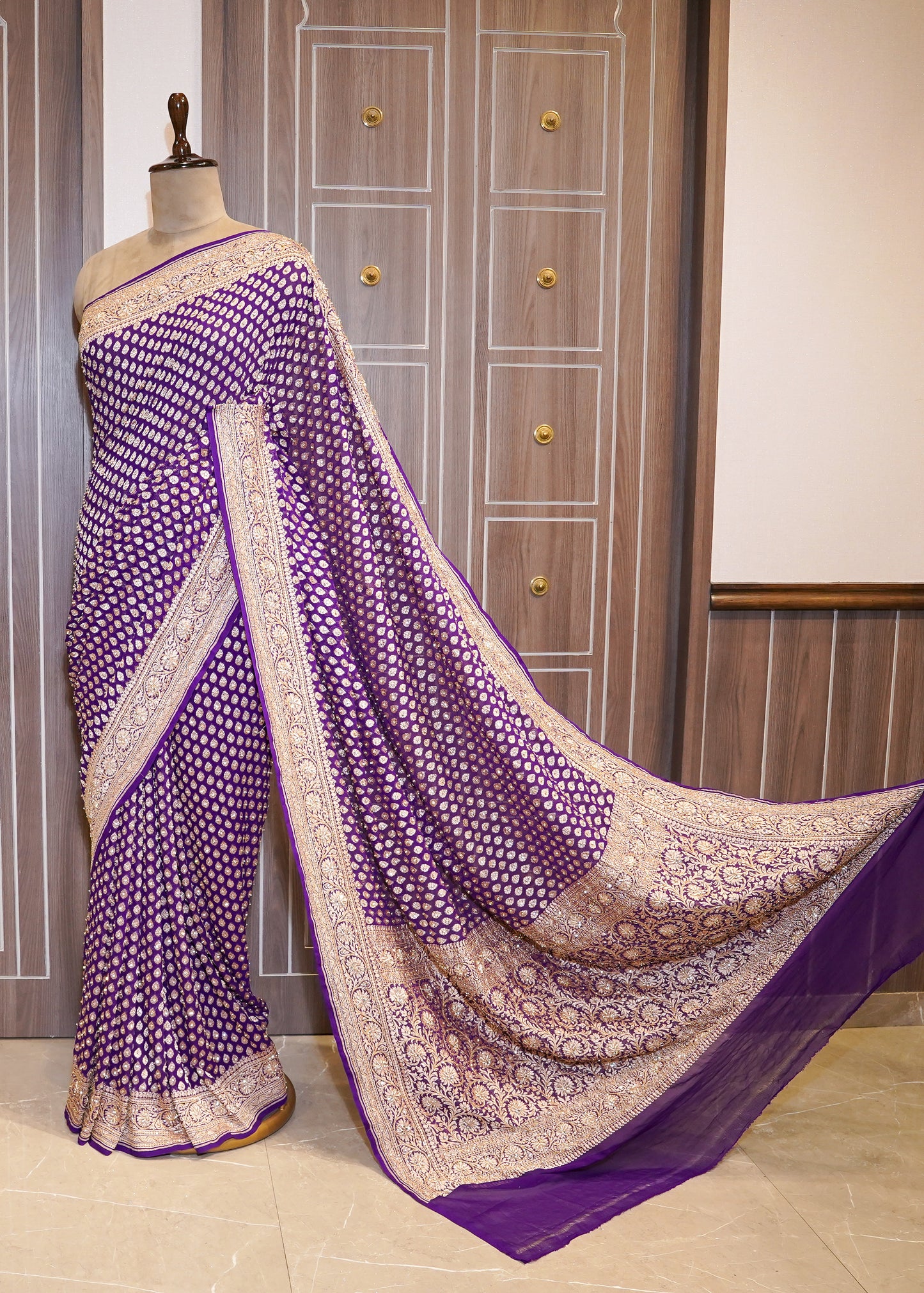 Bright Purple khadi Georgette Booti Saree with Zardozi Embroidery