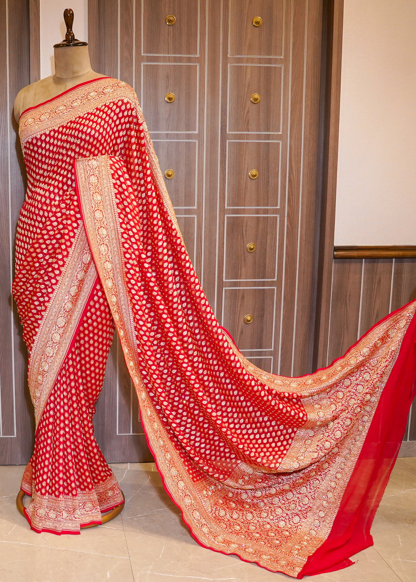 Red Khadi Georgette Saree with Zardozi Embroidery