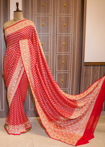 Red Khadi Georgette Saree with Zardozi Embroidery