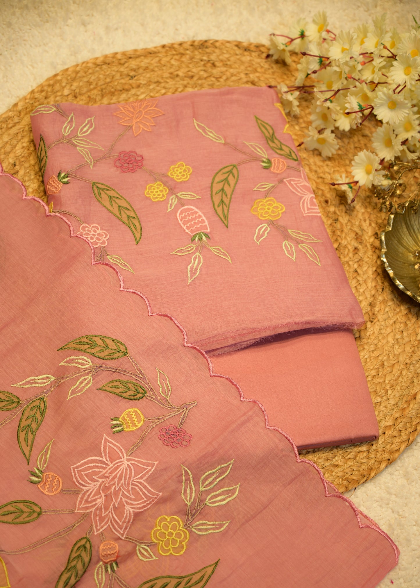 Seeya Pink Appliqué Unstitched Suit Set