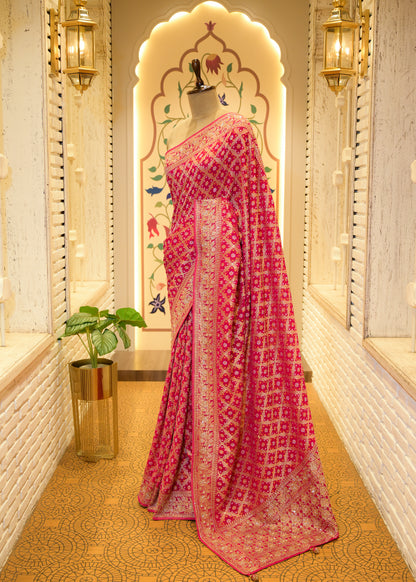 Gulbhaar Bandhani Rani Pink Saree Unstitched Blouse
