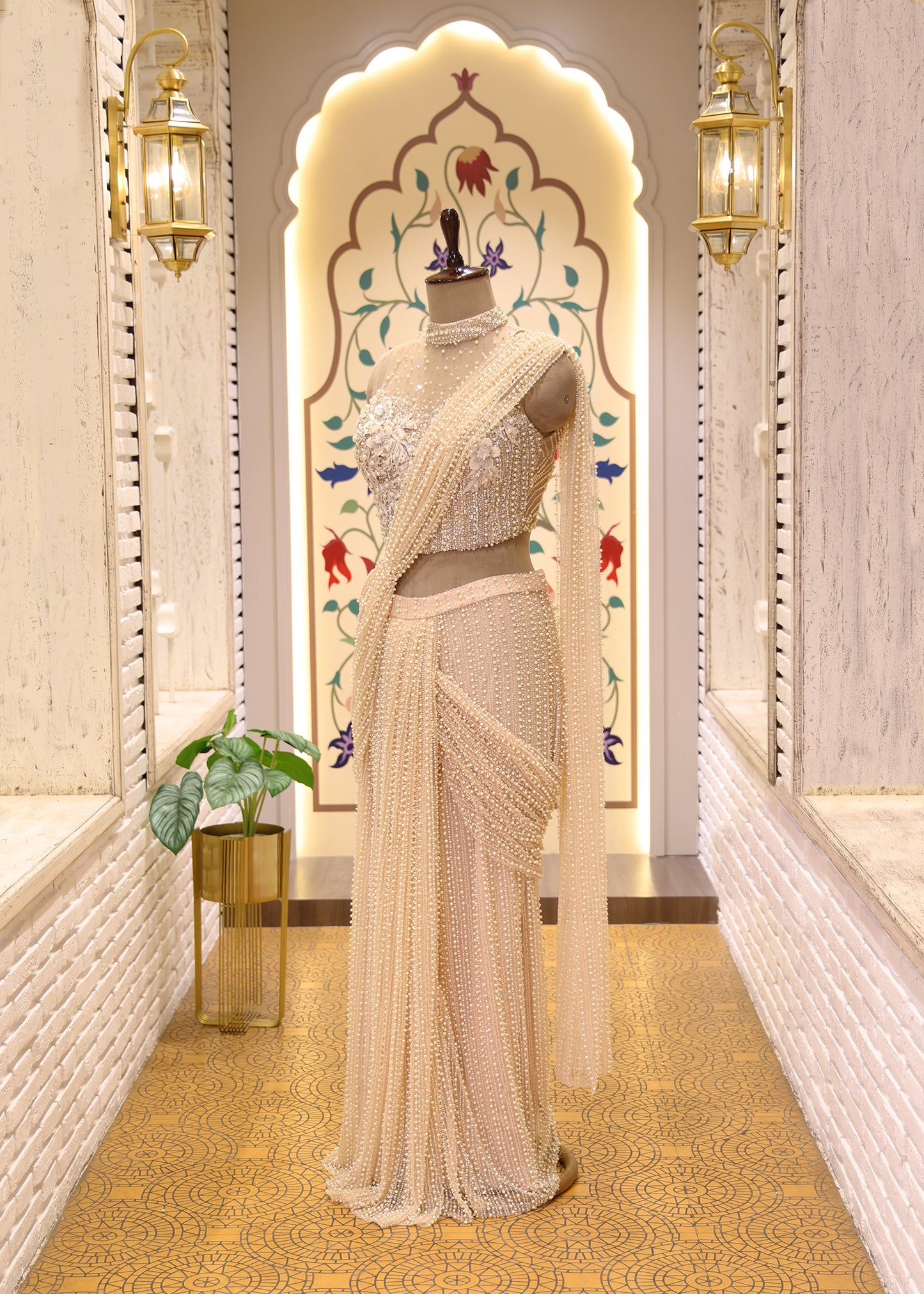 Suzain Ivory Cream Pearl Halter Neck Blouse with Pre Draped Saree