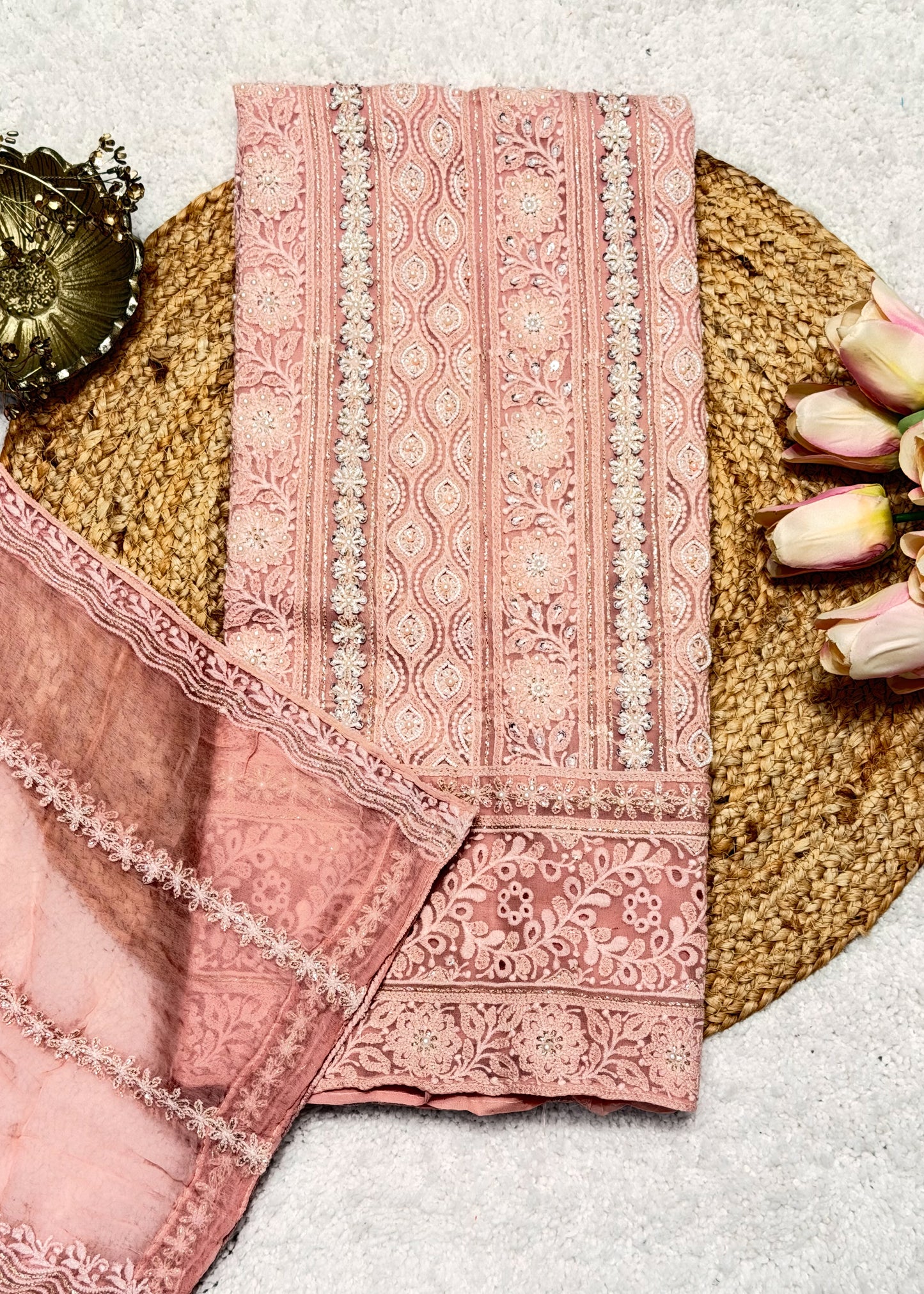 Heer Light Peach Chikankari with Moti Embroidered Suit Set
