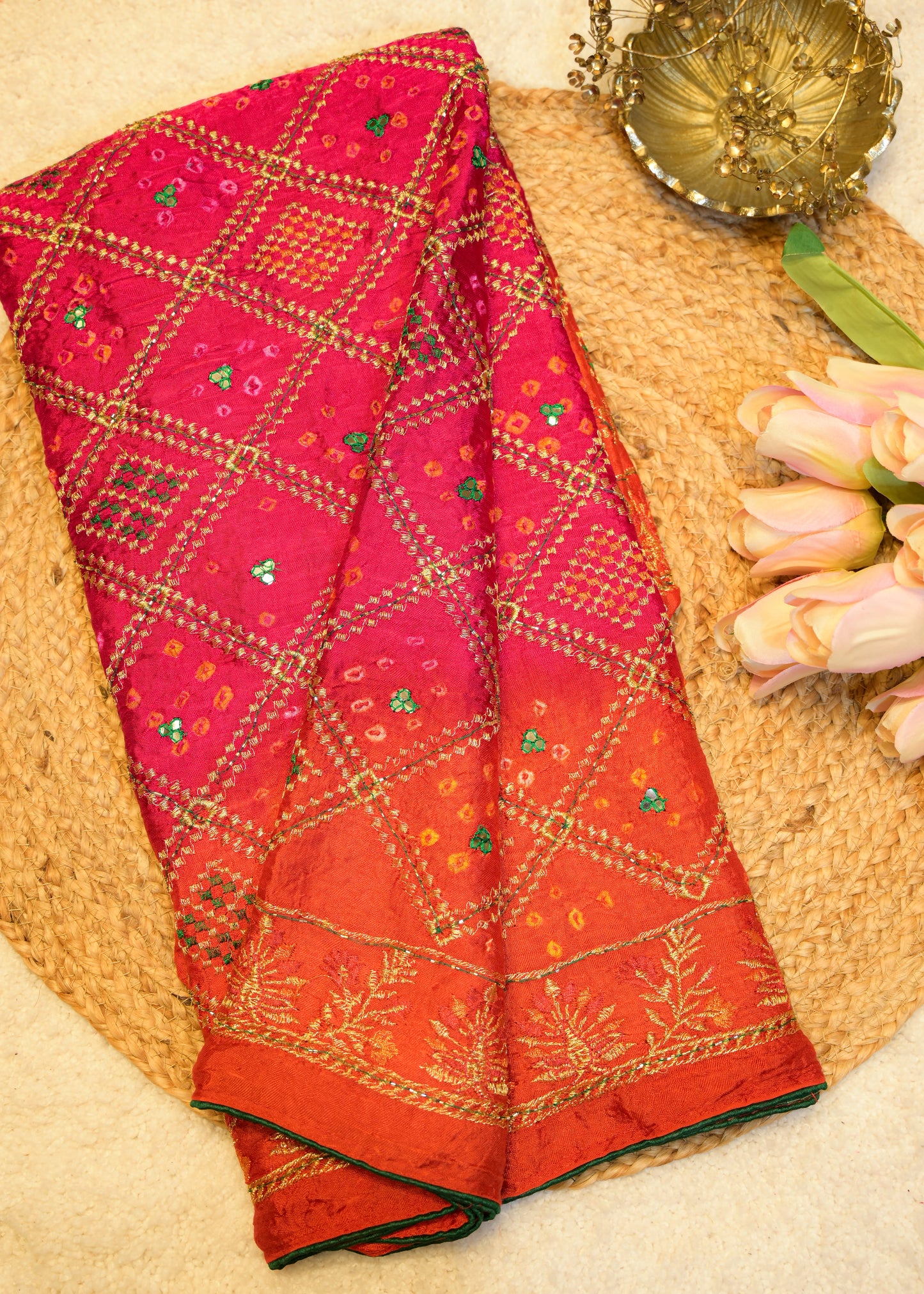 Orange & Pink Bhandhani Gajji Contrasting Saree with Unstitched Blouse