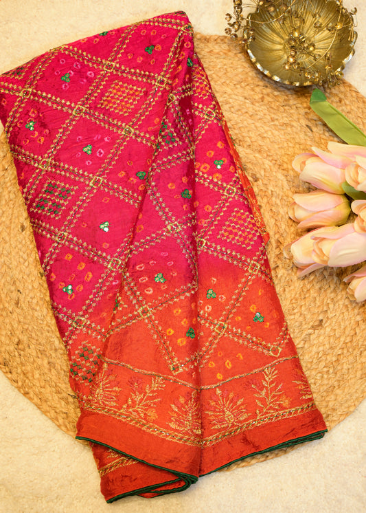 Orange & Pink Bhandhani Gajji Contrasting Saree with Unstitched Blouse