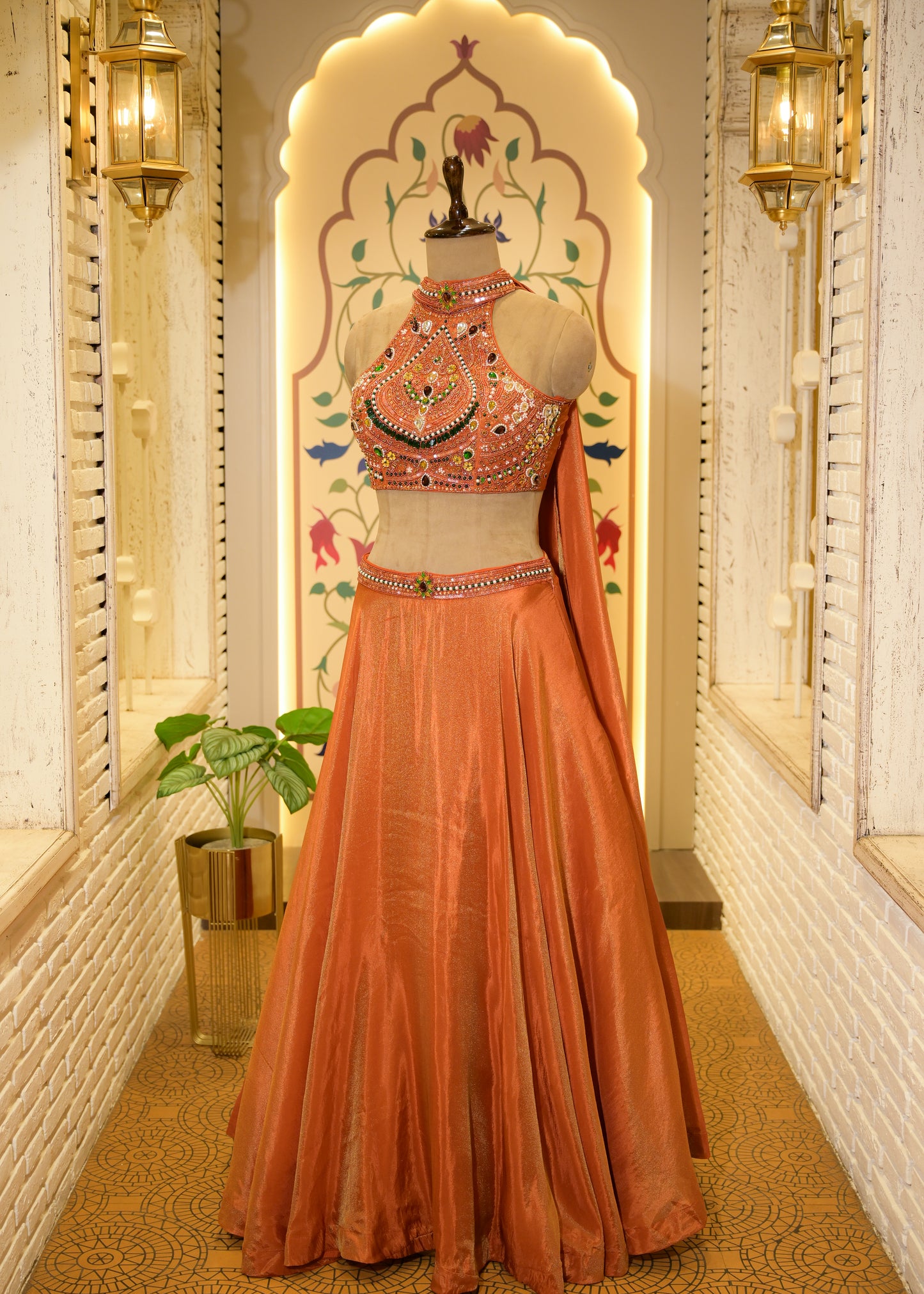 Fanta Orange Halter Neck Gemstones Crop with Skirt