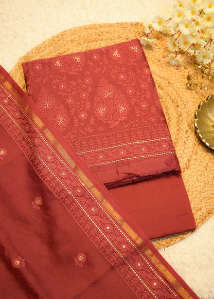 Sunanda Maroon Shadow Embroidered Unstitched Suit Set