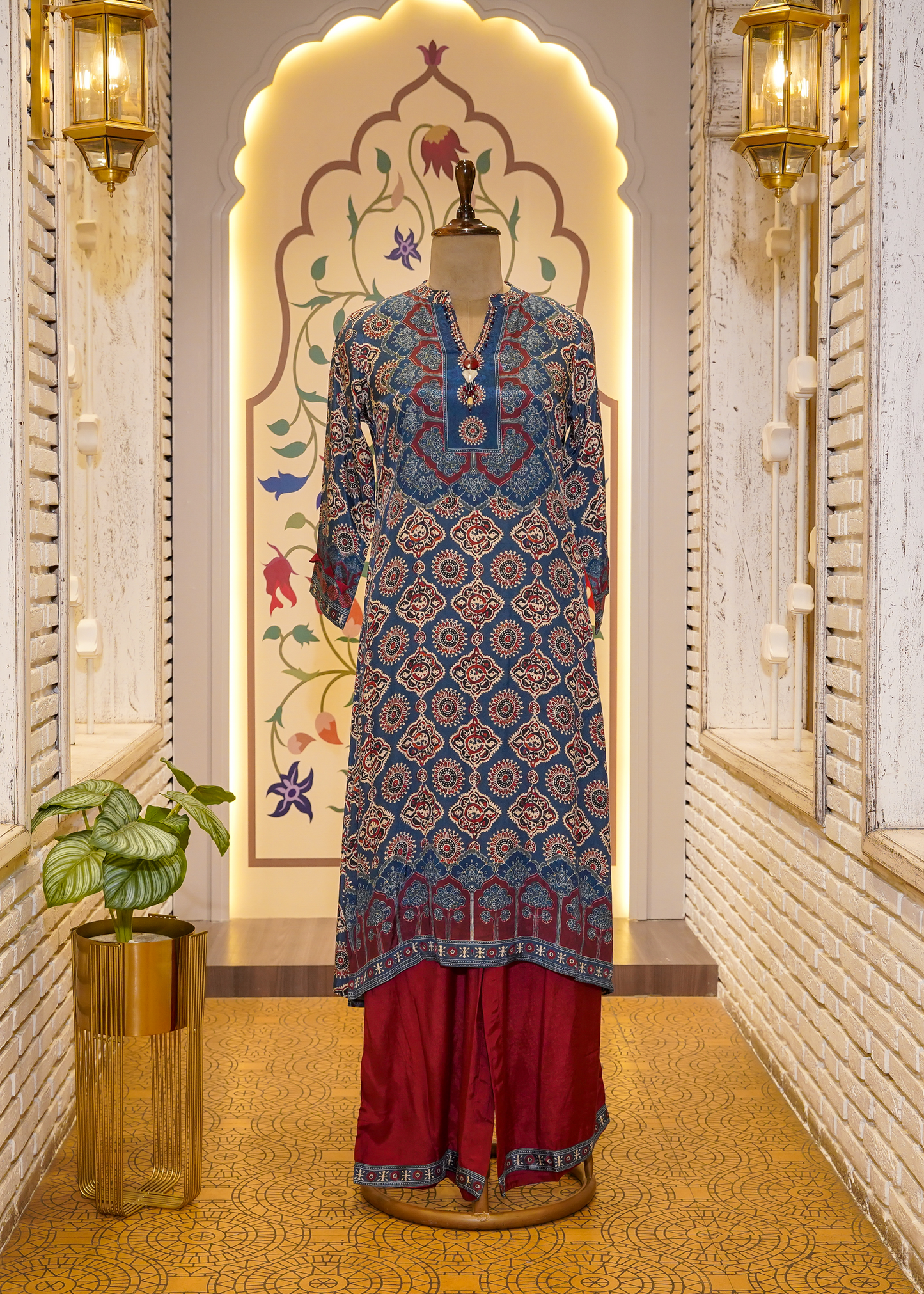 Blue & Red Ajrak Printed Muslin 3-Piece Kurti Set