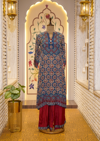 Blue & Red Ajrak Printed Muslin 3-Piece Kurti Set