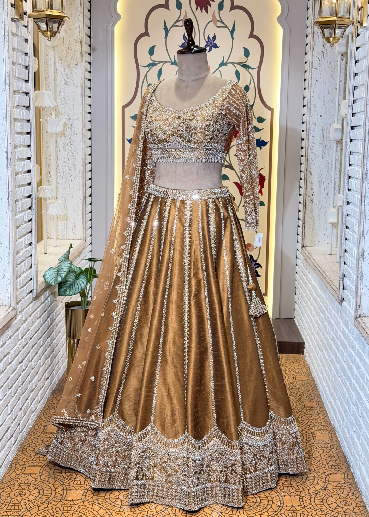 Mustard Mirror Embroidered Designer Lehenga with Full Sleeves Blouse