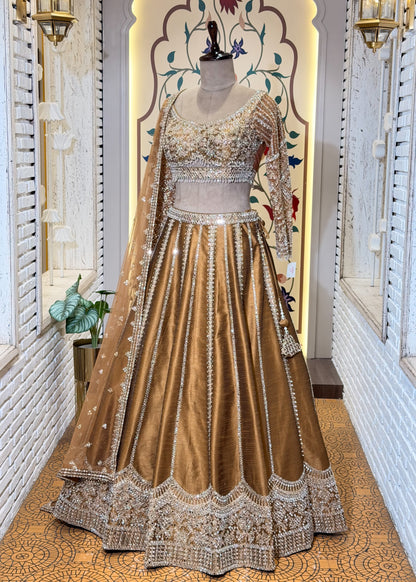 Mustard Mirror Embroidered Designer Lehenga with Full Sleeves Blouse