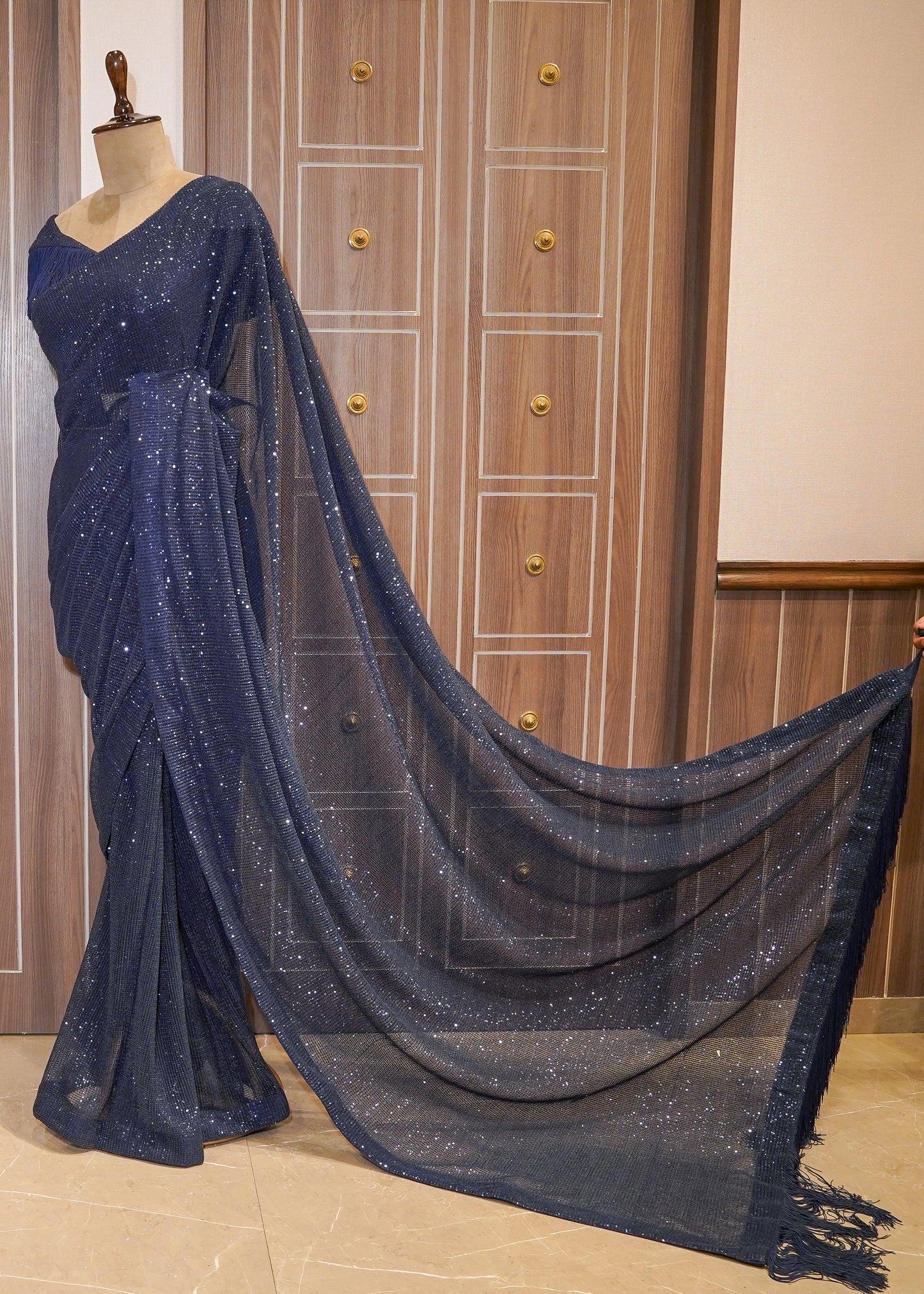 Midnight Blue Sequence Saree with Stitched Blouse
