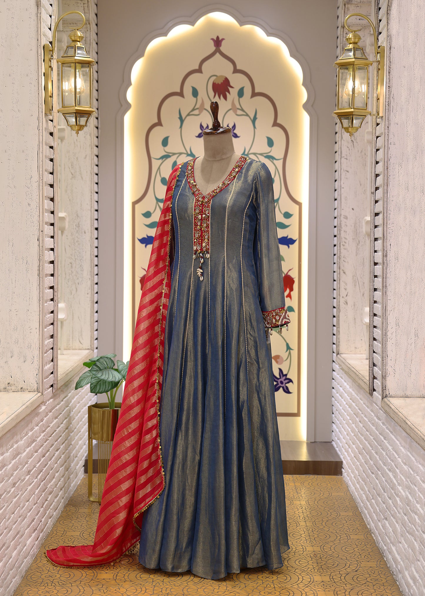 Blue & Red Anarkali Suit Set with Dupatta