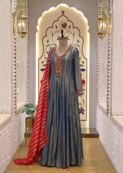 Blue & Red Anarkali Suit Set with Dupatta