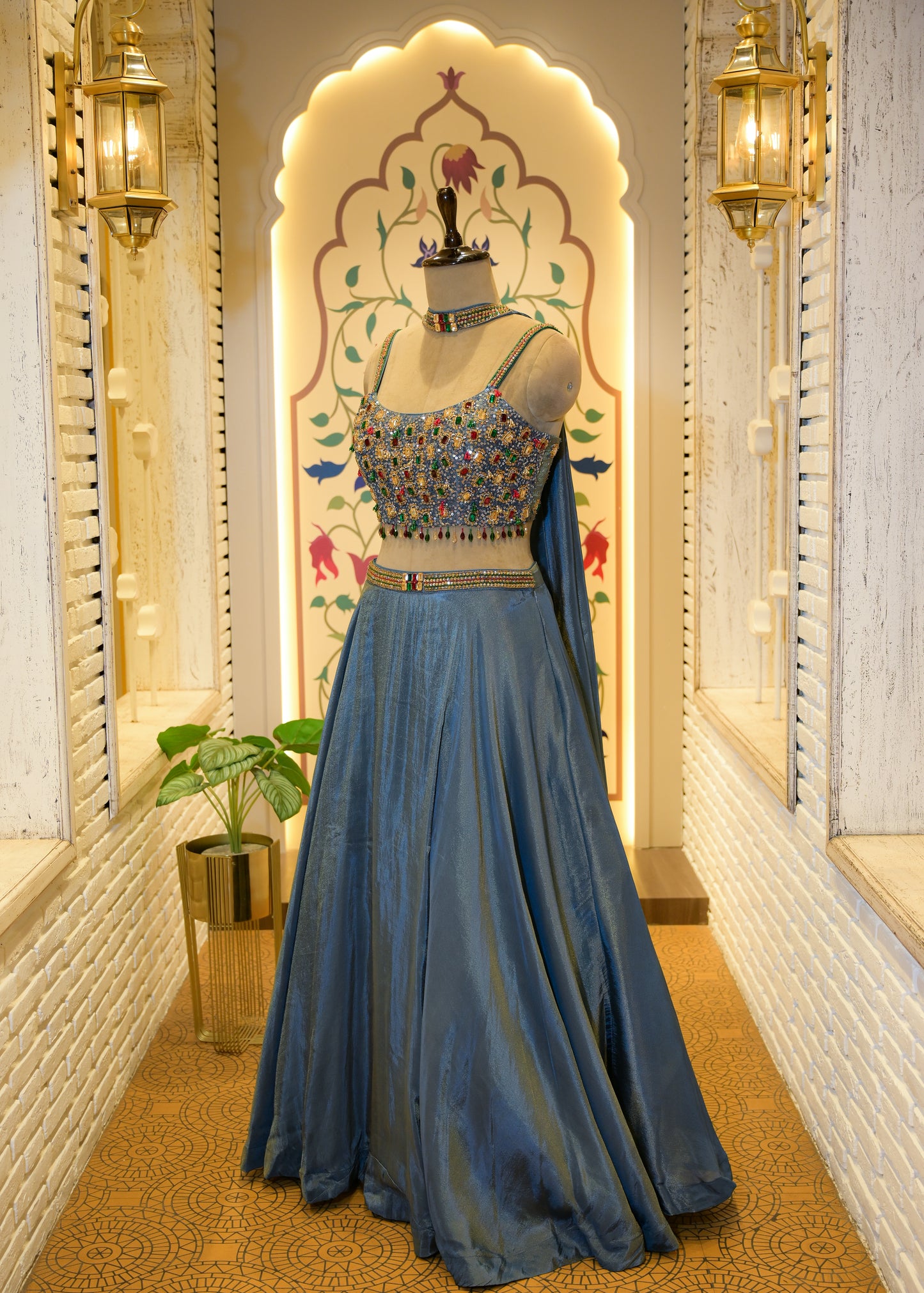 Tissue Blue Gemstone Crop Top Lehenga with Dupatta