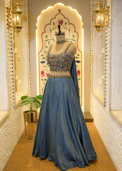 Tissue Blue Gemstone Crop Top Lehenga with Dupatta