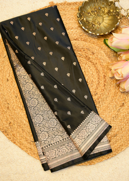 Black Banarasi Kattan Silk Booti Zari Border with Unstitched Blouse