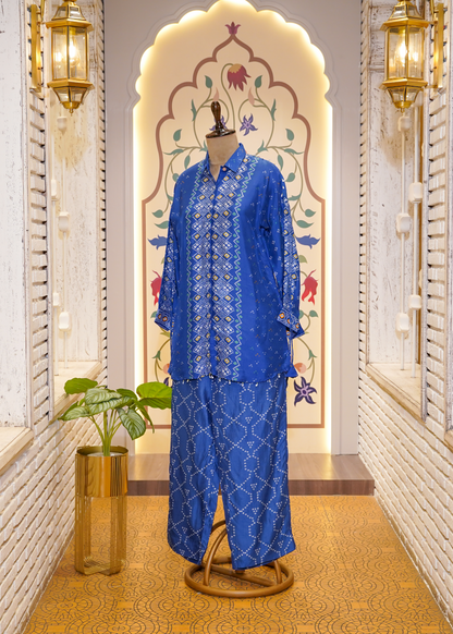 Electric Blue Printed Silk Co-ord Set with Collars