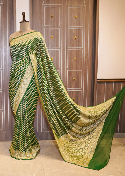Bottle Green khadi Georgette Booti Saree with Zardozi Embroidery