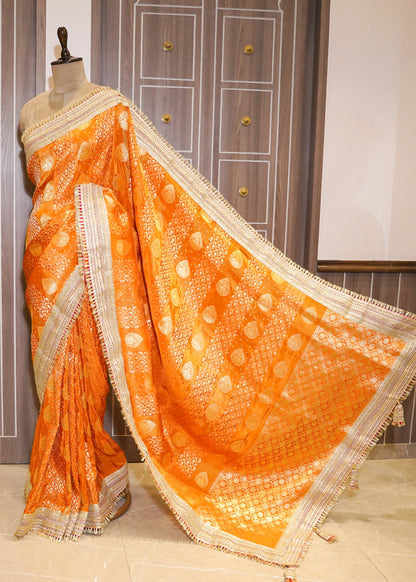 Rust Tissue Weaving Saree with Gota Lace and Unstitched Blouse