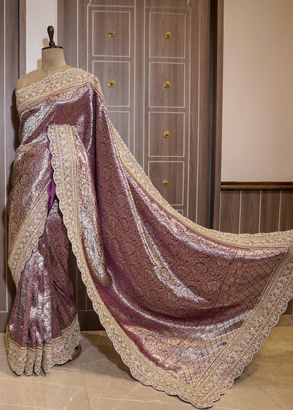 Wine Green Silk Bead Embroidered Border Saree with Unstitched Blouse