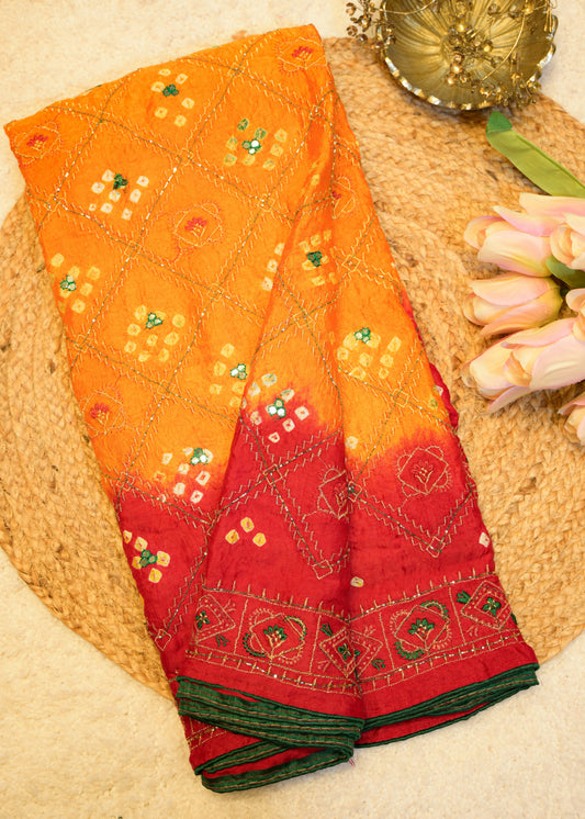 Red & Yellow Bhandhani Gajji Contrasting Saree with Unstitched Blouse