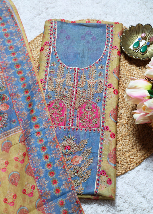Navy Blue & Mustard Unstitched Suit Set