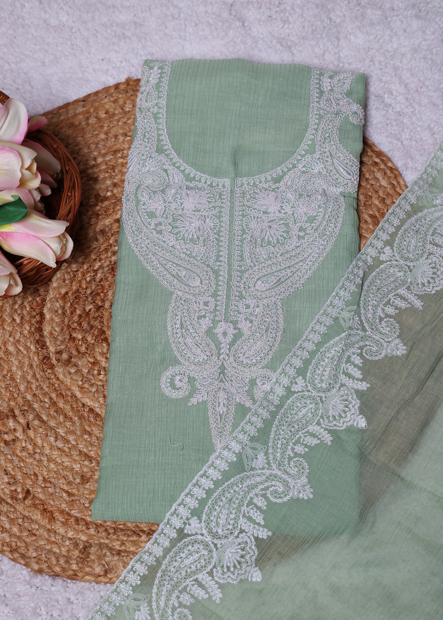 Pranika Green & White Unstitched Suit set
