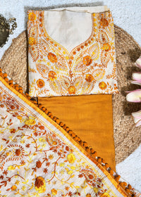Ivory Chanderi with Yellow Kantha Embroidery Unstitched Suit Set