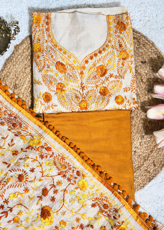 Ivory Chanderi with Yellow Kantha Embroidery Unstitched Suit Set