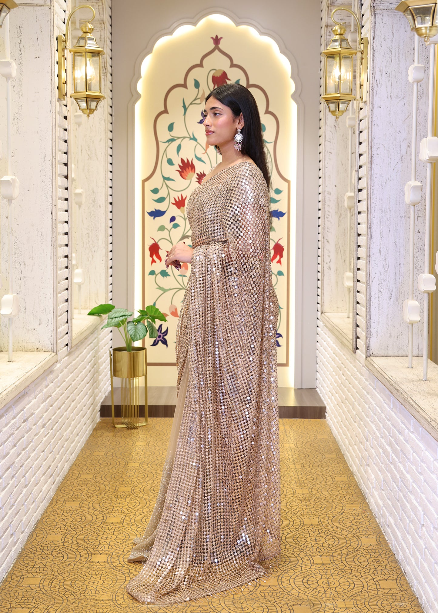 Golden Designer Pallu Saree with Hand Embroidered Pletes and Stitched Blouse