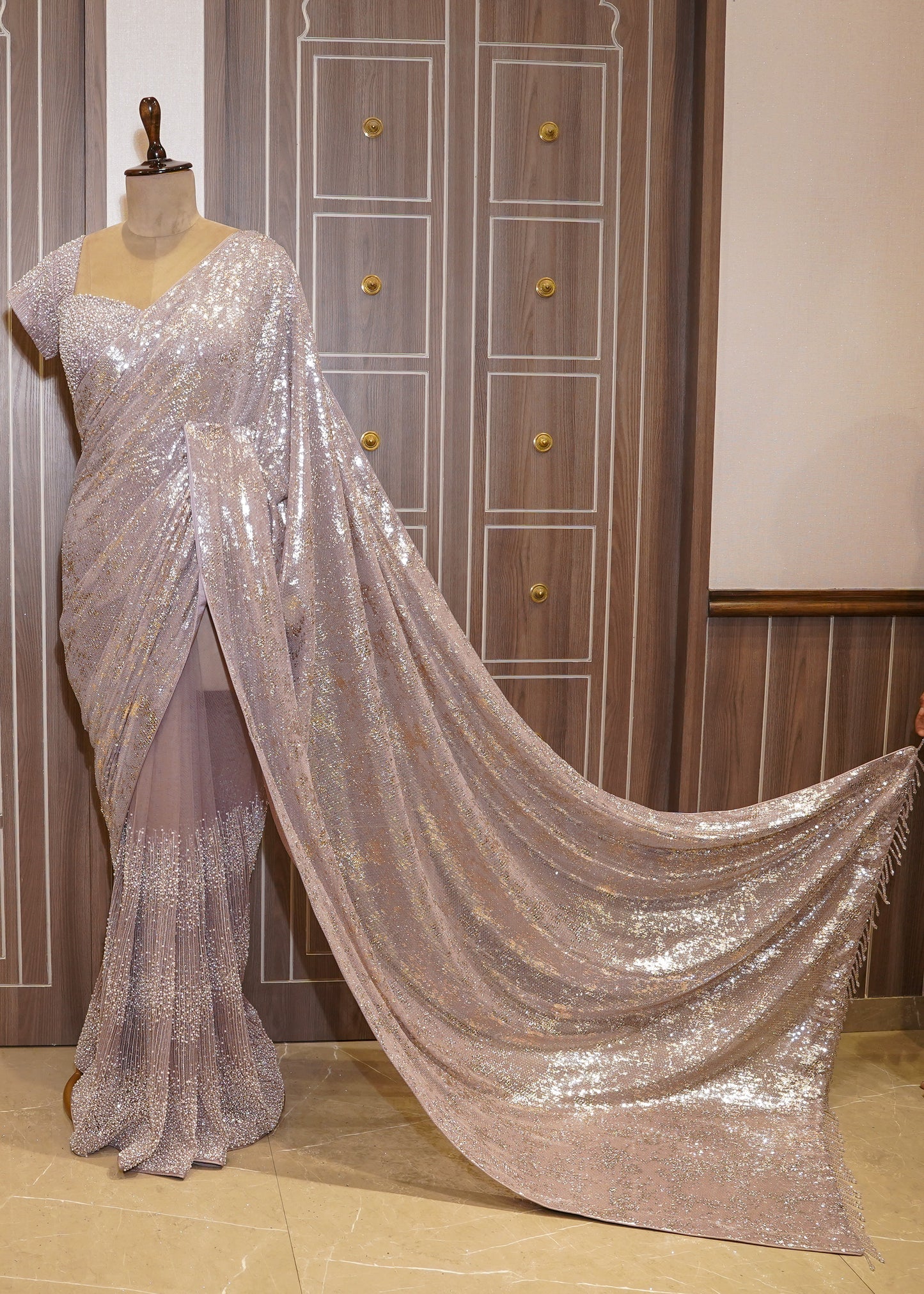 Lavender Sequence Saree with Hand Embroidered Pletes and Stitched Blouse