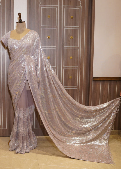 Lavender Sequence Saree with Hand Embroidered Pletes and Stitched Blouse